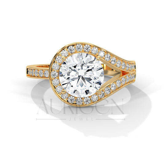 14K Solid Gold Split Shank Engagement Ring with Halo Diamonds