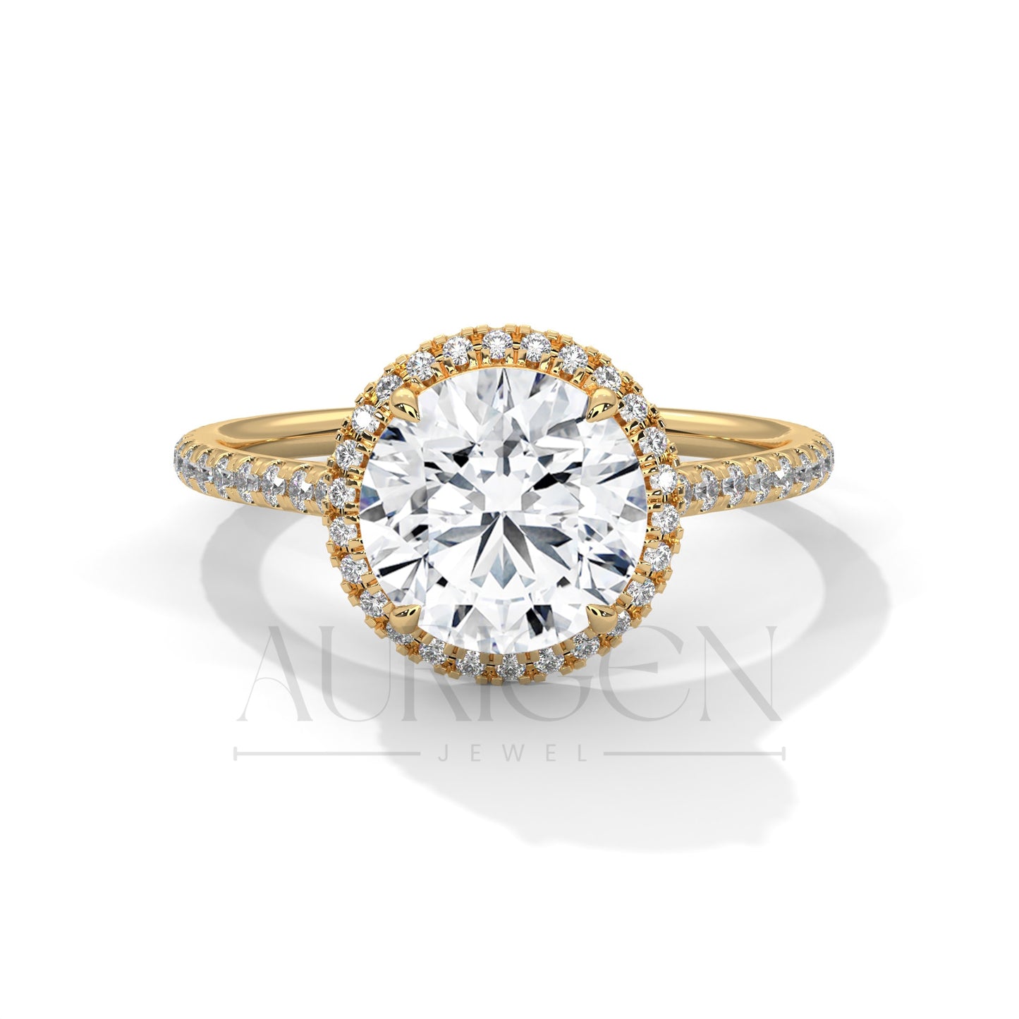 14K Solid Gold Round Brilliant Cut Diamond Ring with Halo and Pave Setting