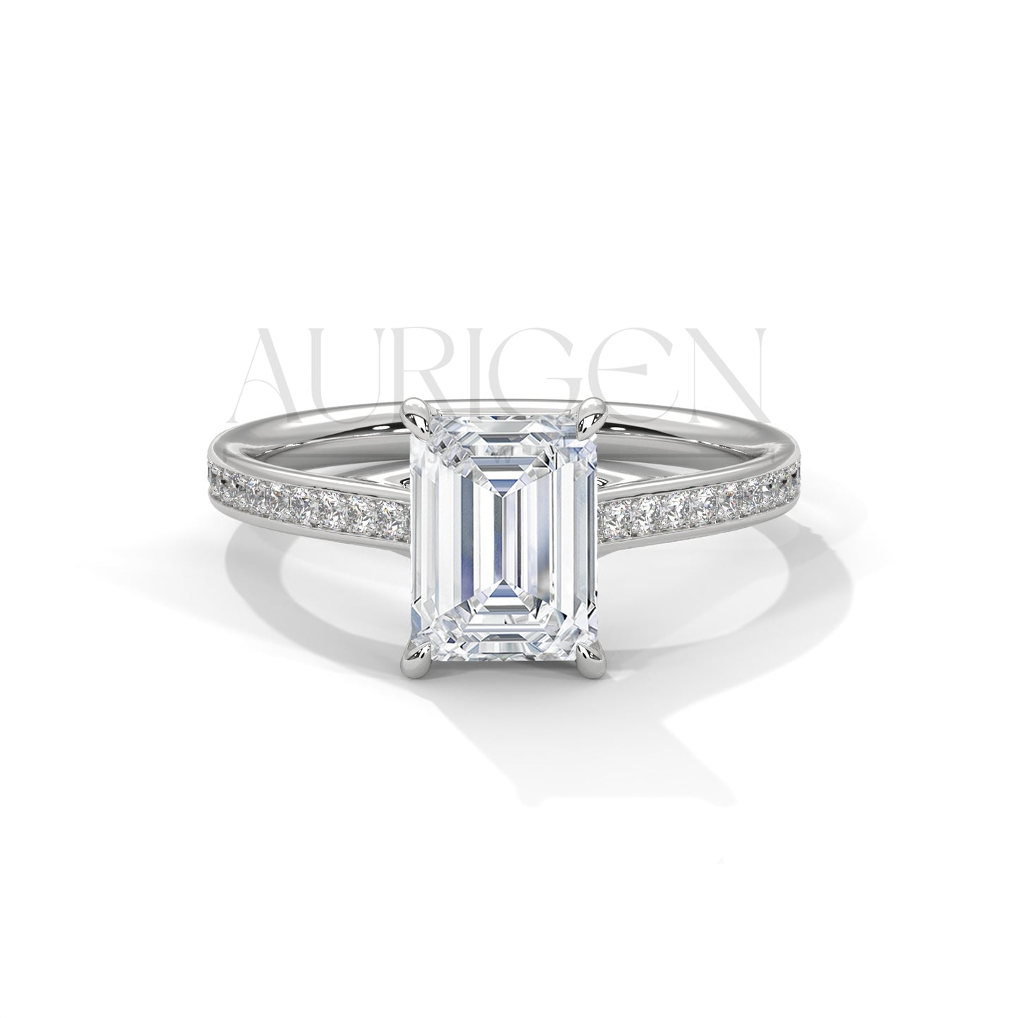Emerald Cut Diamond Engagement Ring in 14K Solid Gold with Classic Pave Band
