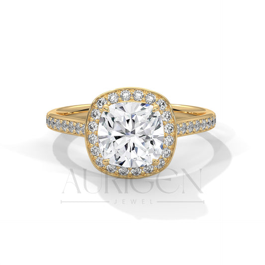 2 Ct Cushion Halo Diamond Engagement Ring with Pave Band in White Gold