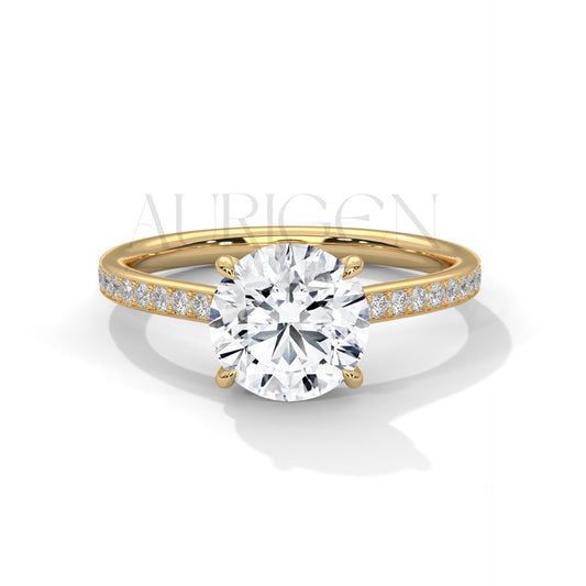 14K White Gold Round Solitaire Diamond Ring with Elegant Pave Design
