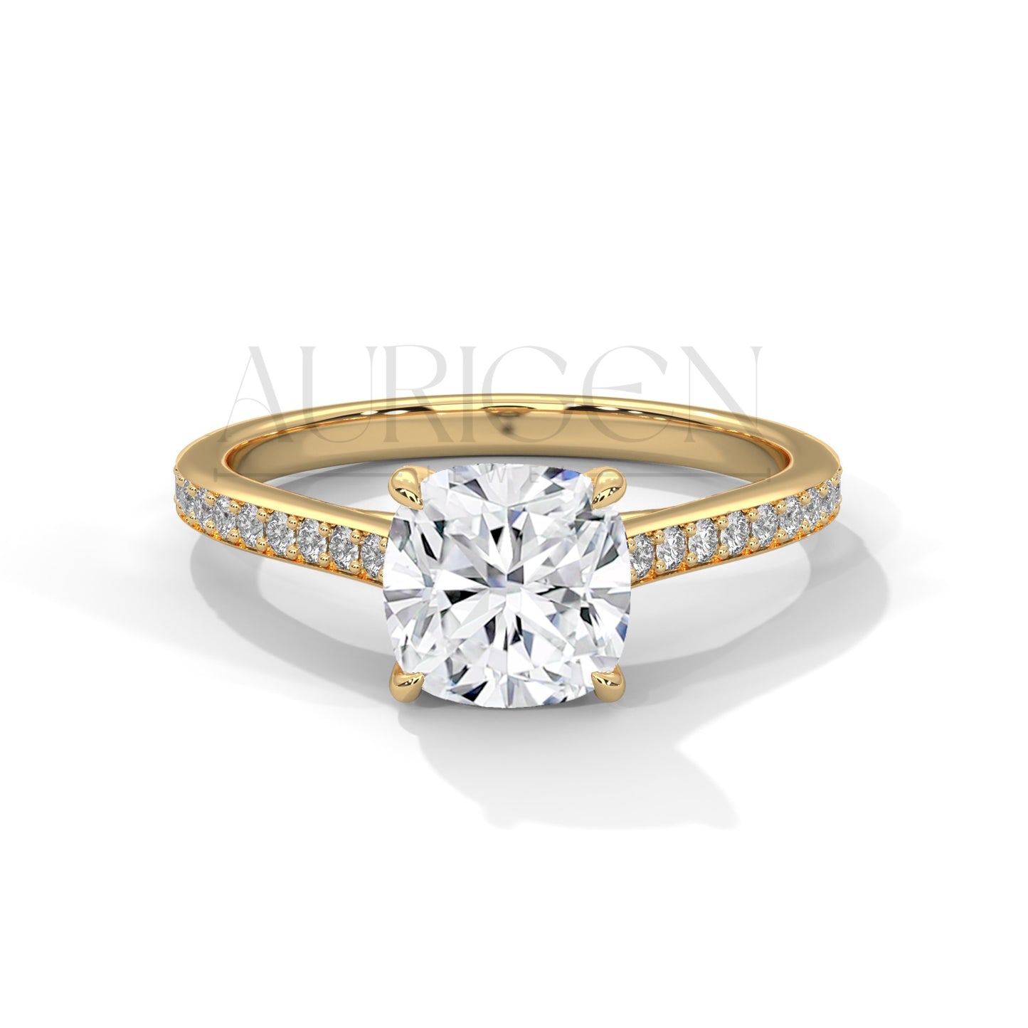2 Ct Cushion Cut Diamond Engagement Ring with Pave Band in 14K White Gold