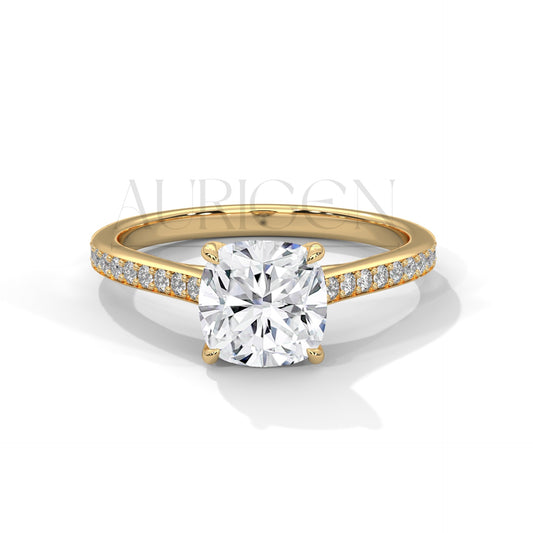 2 Ct Cushion Cut Diamond Engagement Ring with Pave Band in 14K White Gold
