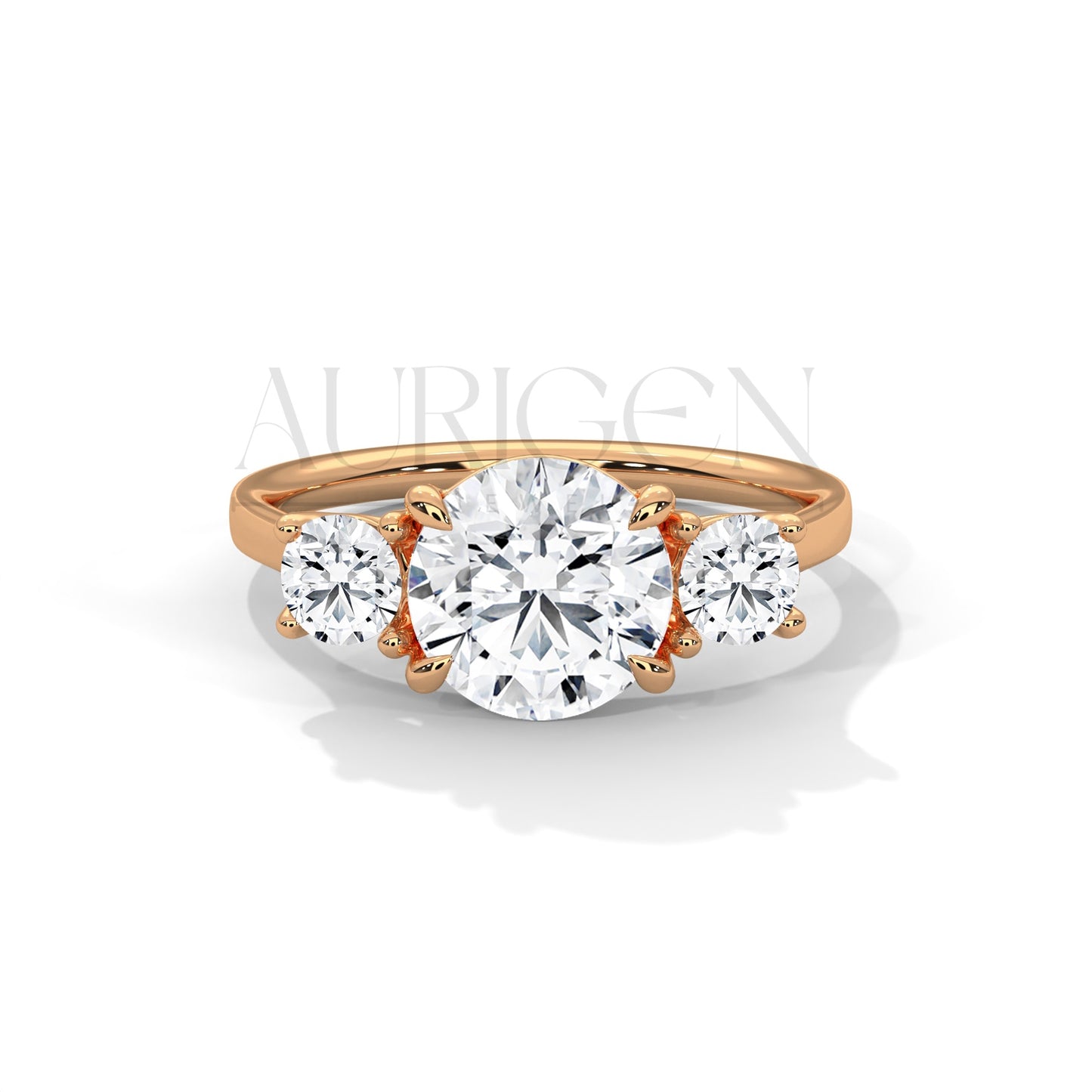 Three Stone Round Moissanite Diamond Engagement Ring in 14K Solid Gold