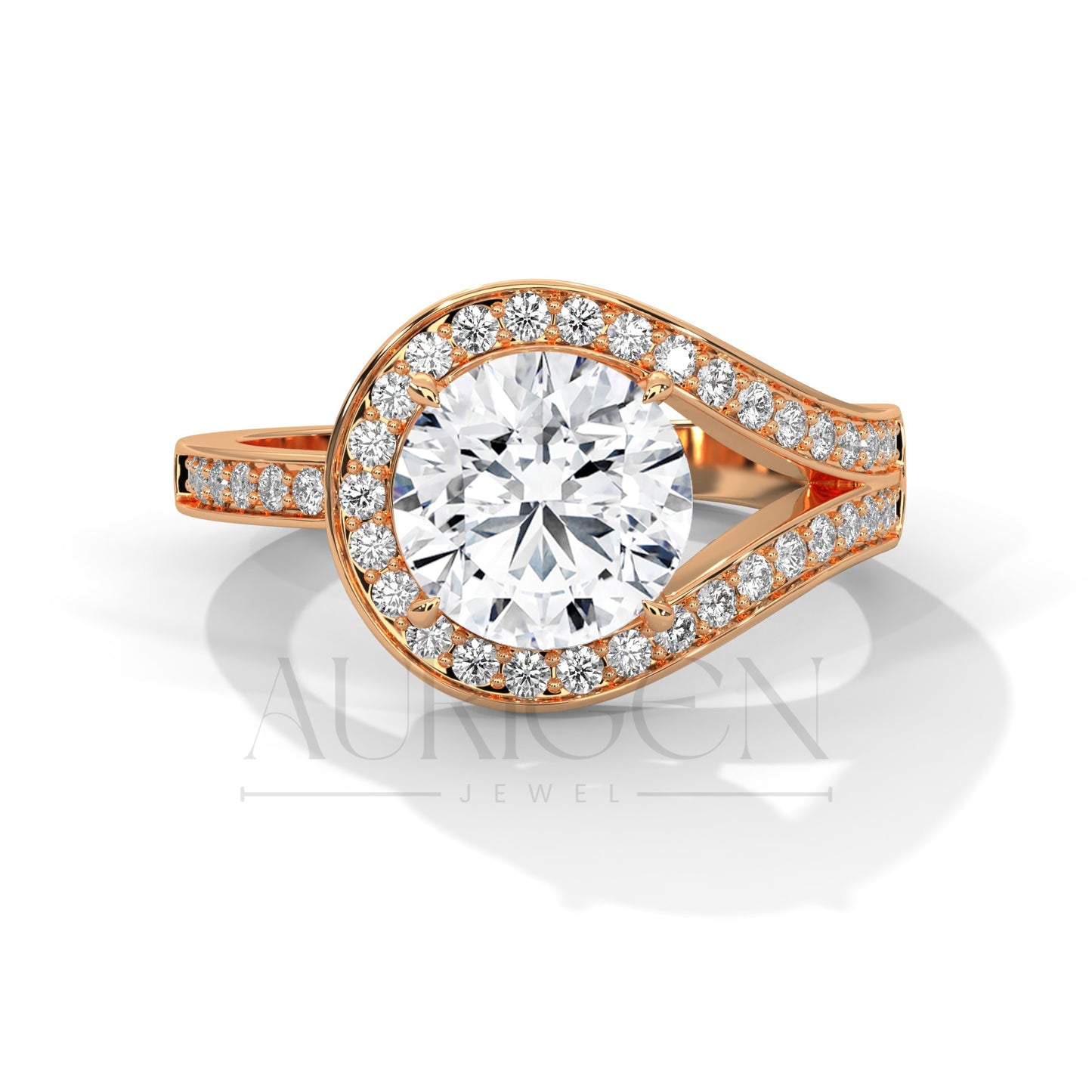14K Solid Gold Split Shank Engagement Ring with Halo Diamonds