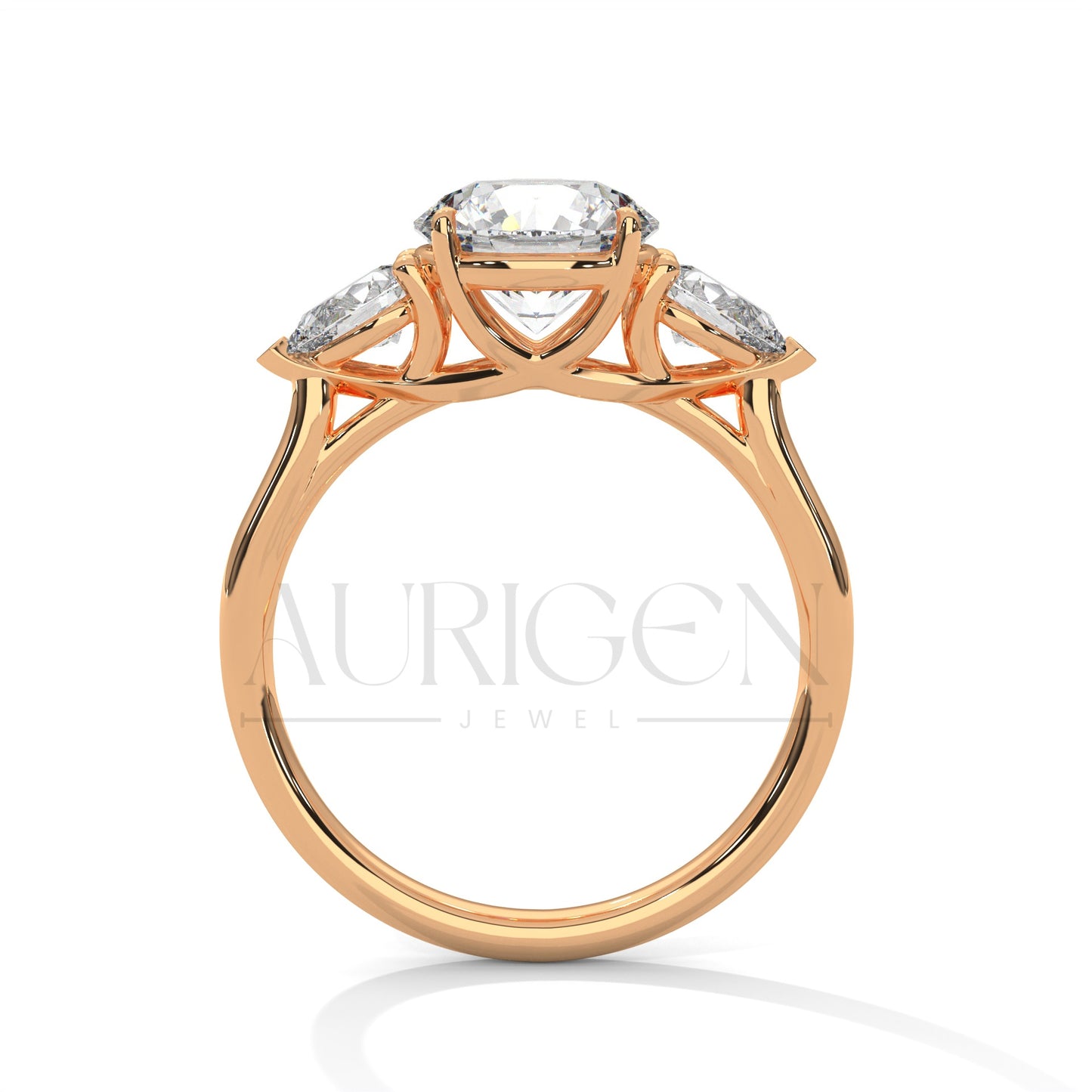14K Solid Gold Three Stone Round Diamond Engagement Ring with Pear Side Stones