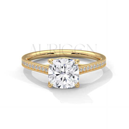 Elegant Cushion Cut Ring in 14K Solid Gold with Pave Diamonds