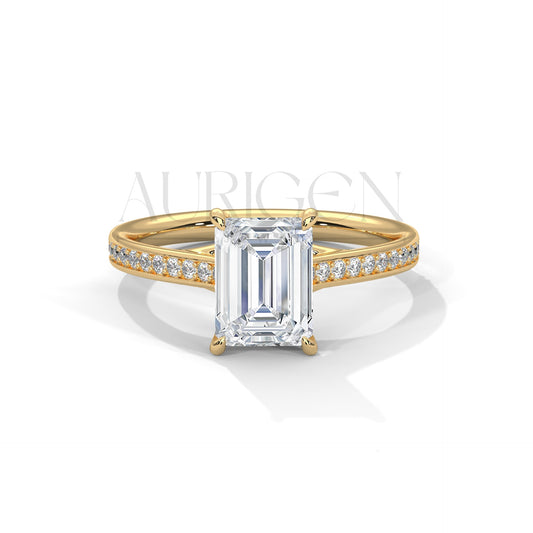Emerald Cut Diamond Engagement Ring in 14K Solid Gold with Classic Pave Band