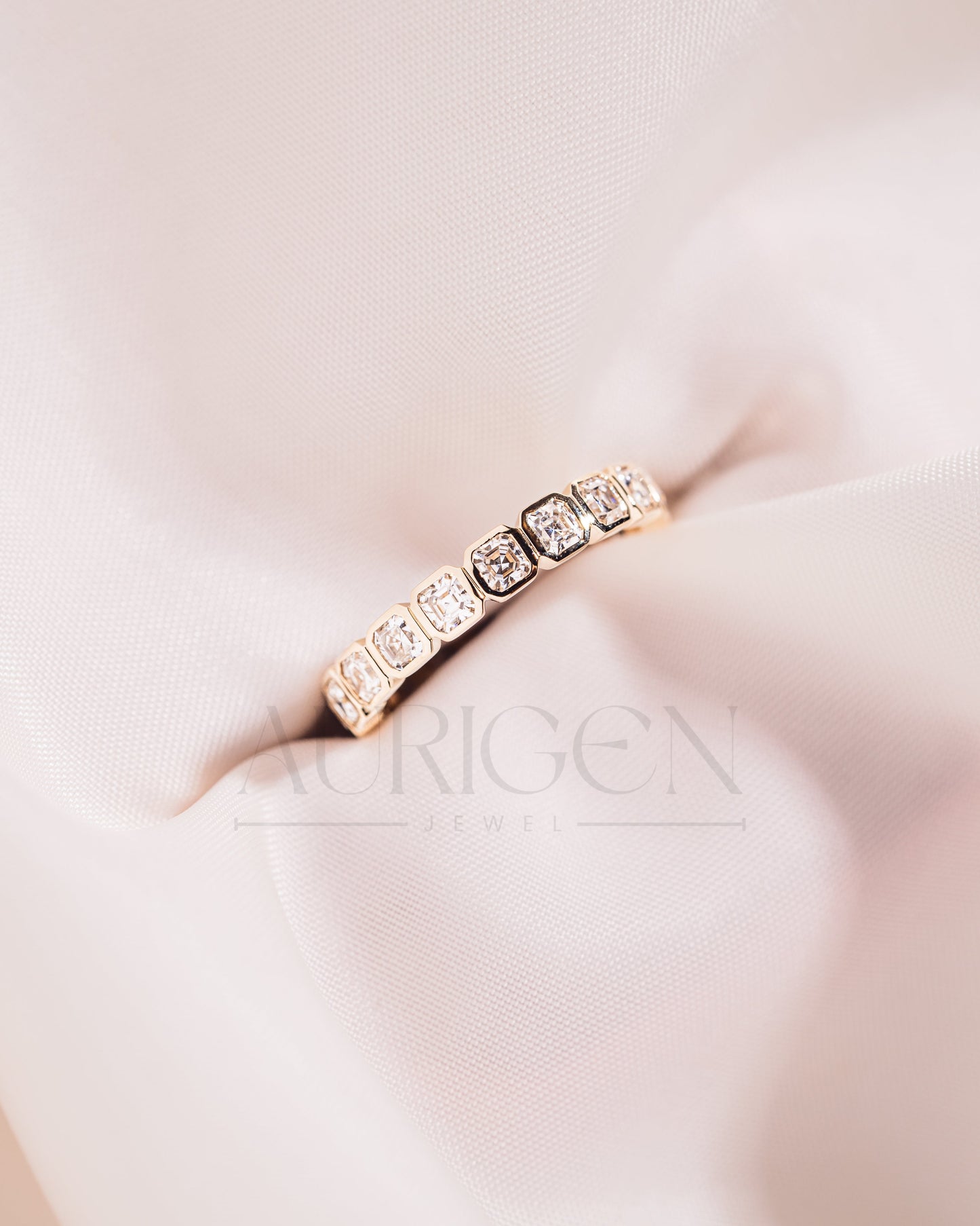 Bezel Set Asscher Cut Moissanite & Leb Diamond Eternity Band in 14K Solid Gold