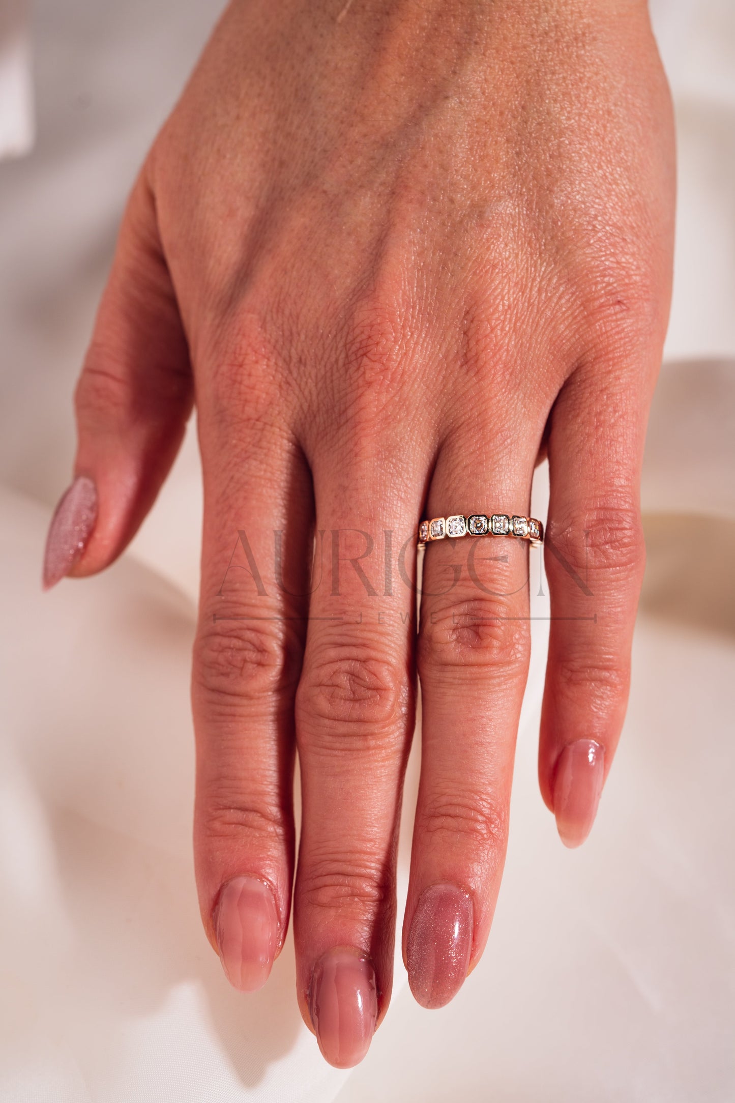 Bezel Set Asscher Cut Moissanite & Leb Diamond Eternity Band in 14K Solid Gold