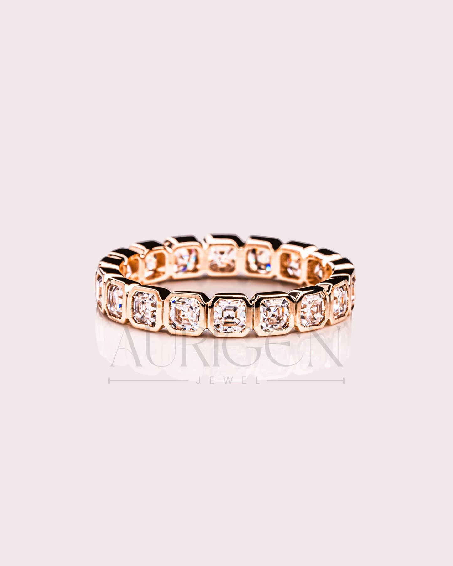 Bezel Set Asscher Cut Moissanite & Leb Diamond Eternity Band in 14K Solid Gold