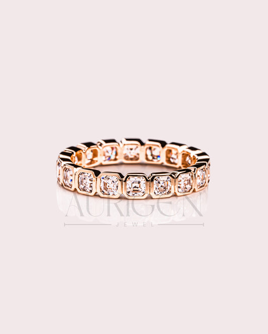 Bezel Set Asscher Cut Moissanite & Leb Diamond Eternity Band in 14K Solid Gold