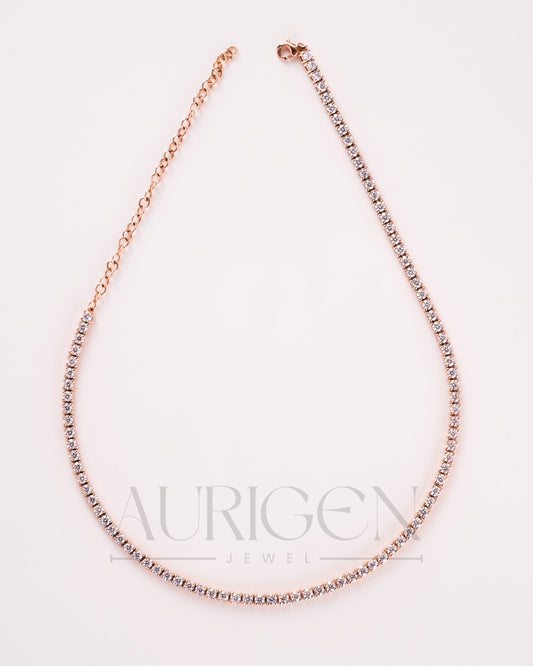 Dainty 14K Rose Gold Tennis Necklace - Round Cut Lab Grown and Moissanite Diamond