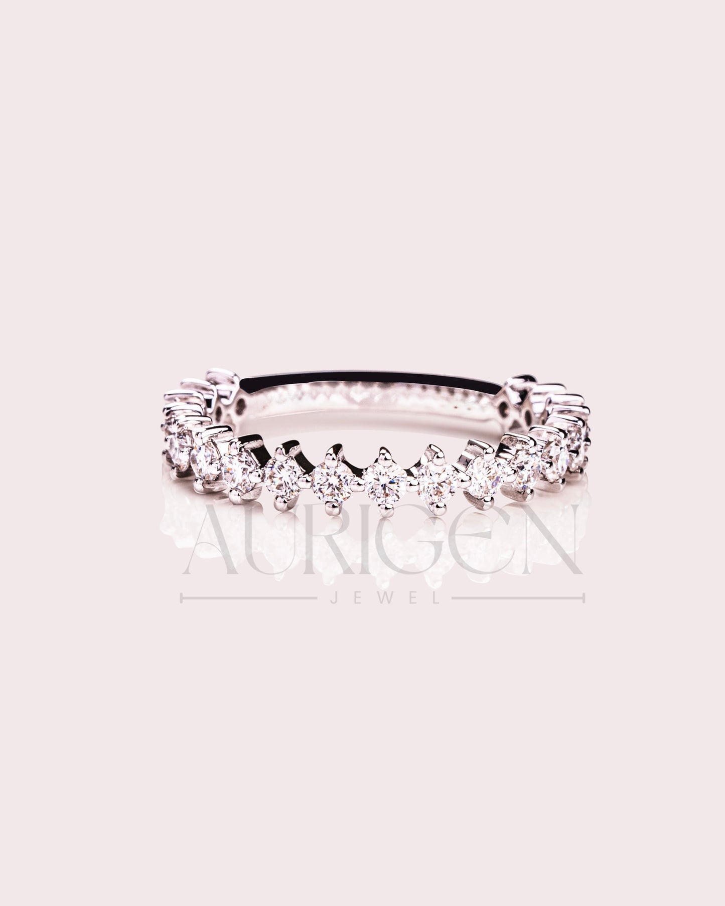 3/4 Eternity Round Moissanite and Leb Diamond Engagement Band 14K White Gold