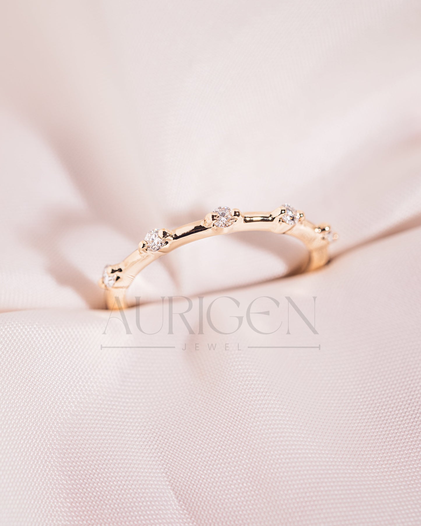 Delicate 14K Solid Gold Engagement Band with Moissanite & leb Diamonds