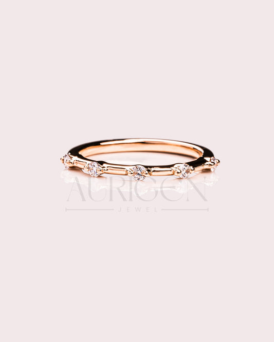 Delicate 14K Solid Gold Engagement Band with Moissanite & leb Diamonds