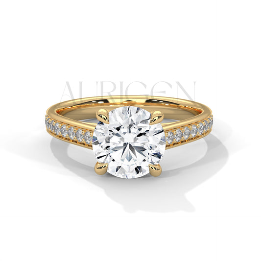 Round Cut Moissanite Diamond Ring with Pave Shank in 14K Solid Gold Engagement Ring