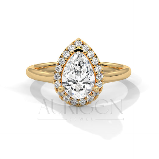 Pear Cut Moissanite Diamond Engagement Ring with Halo in 14k Solid Gold Setting