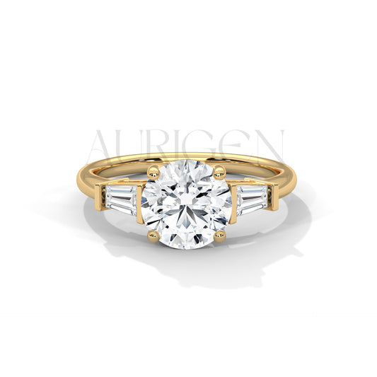 Classic 2.00 CT Round Brilliant Cut with Tapered Baguette Side Stones in 14K Solid Gold Ring