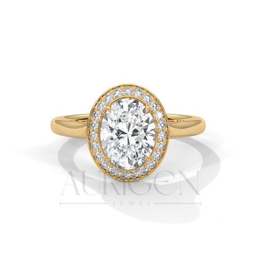 Oval Cut Halo Moissanite Diamond Ring in 14K Solid Gold – Sleek, Sparkling, Timeless