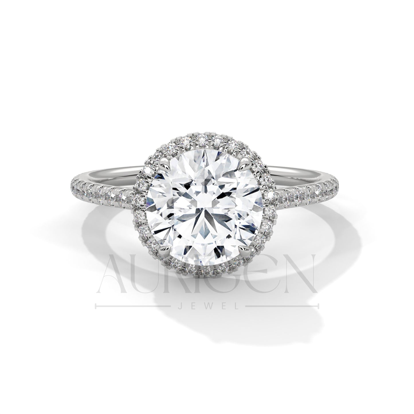 14K Solid Gold Round Brilliant Cut Diamond Ring with Halo and Pave Setting