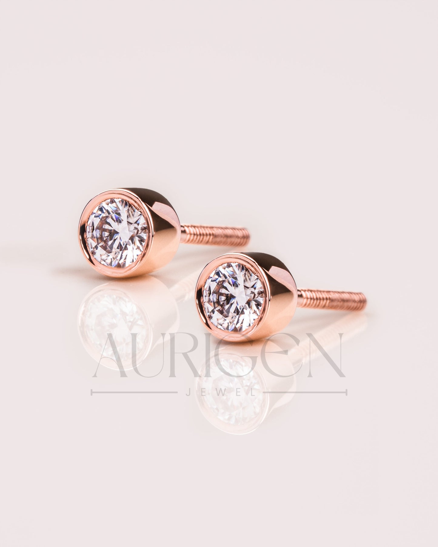 Dainty 14k Rose Gold Round Cut Bezel Diamond Stud Earrings