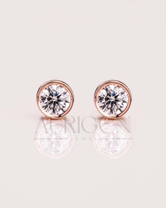 Dainty 14k Rose Gold Round Cut Bezel Diamond Stud Earrings