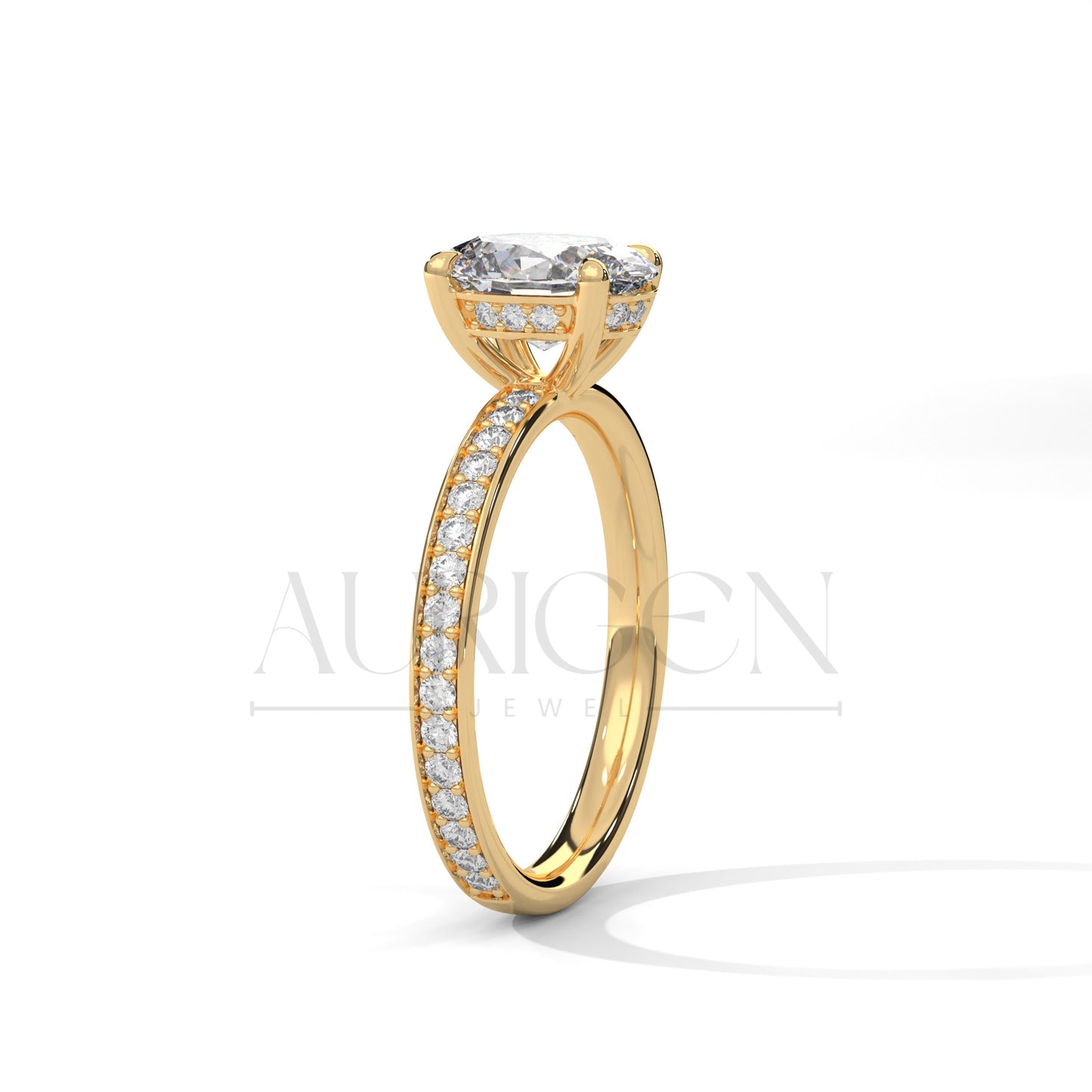Oval Cut Engagement Ring with Pave Band – 14K Solid Gold, Classic Elegance