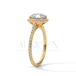 14K Solid Gold Round Brilliant Cut Diamond Ring with Halo and Pave Setting
