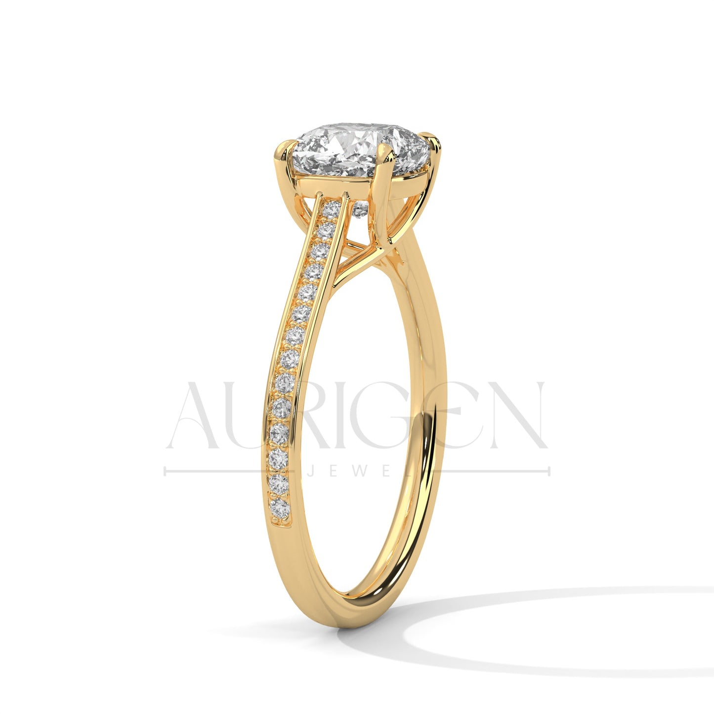 Elegant Cushion Cut Ring in 14K Solid Gold with Pave Diamonds