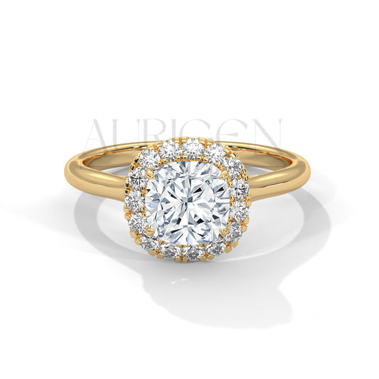 14K Solid Gold Cushion Halo Diamond Engagement Ring