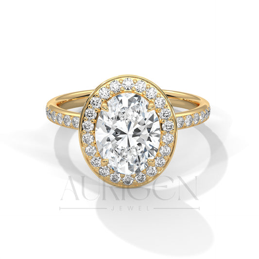 Oval Cut Diamond Halo Engagement Ring with Pave Band in 14K Solid Gold