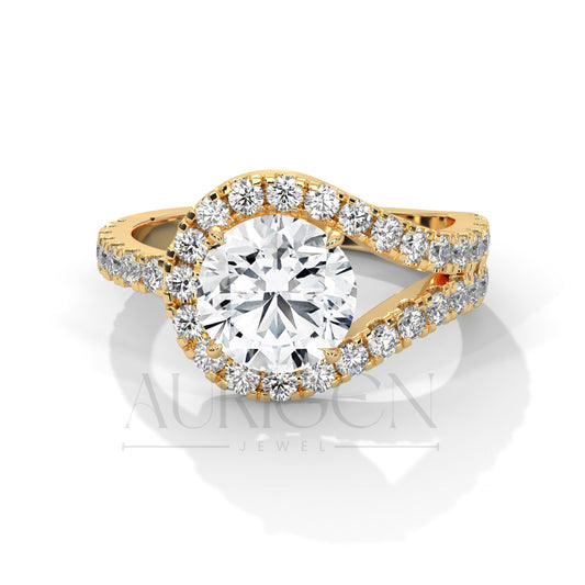 2 Ct Round Diamond Halo Ring with Split Shank in 14K Solid Gold