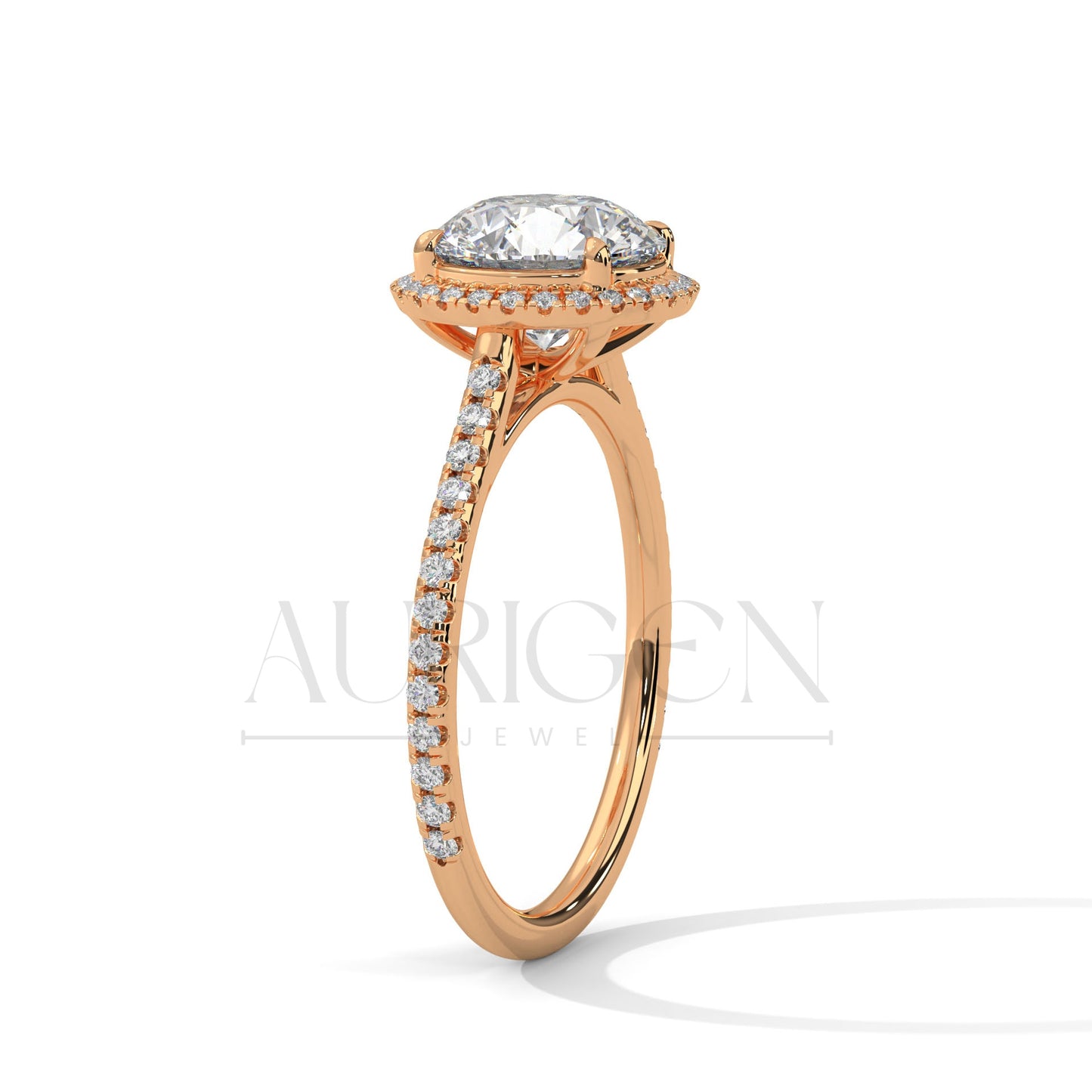 14K Solid Gold Round Brilliant Cut Diamond Ring with Halo and Pave Setting