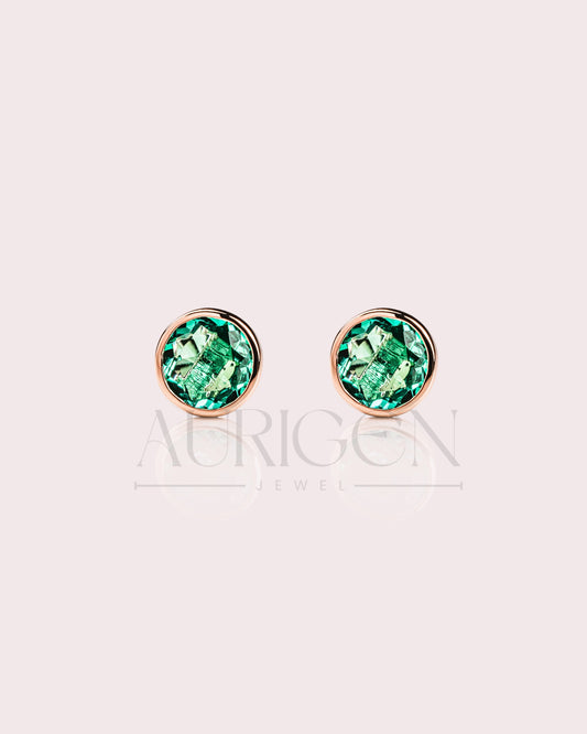Unique Bezel Setting Stud Earrings - Green Round Cut Moissanite and Lab Grown Diamond