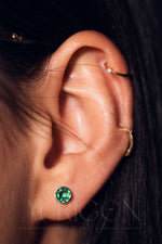 Unique Bezel Setting Stud Earrings - Green Round Cut Moissanite and Lab Grown Diamond