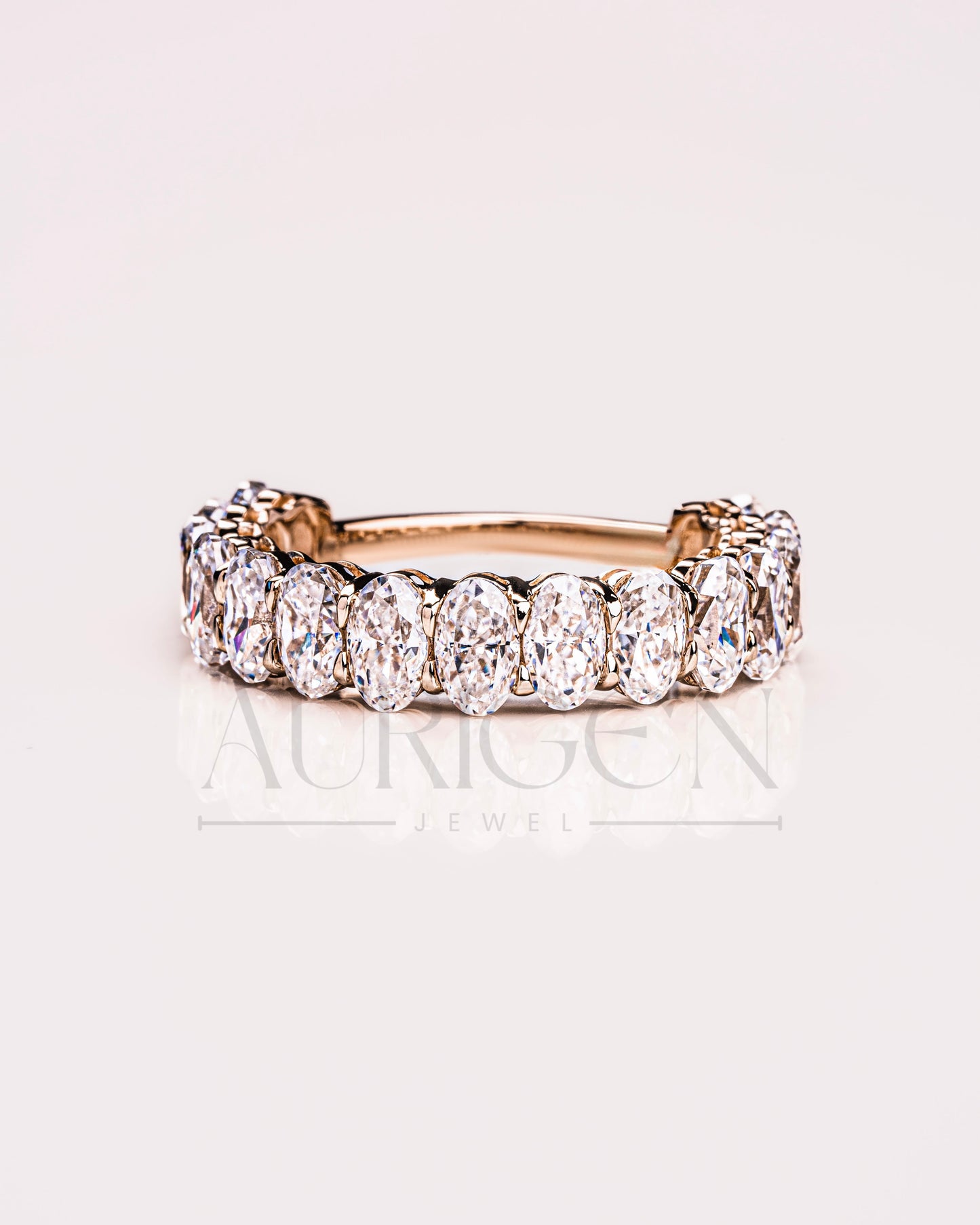 14K Solid Gold Crushed Ice Oval Moissanite & Leb Diamond Eternity Band