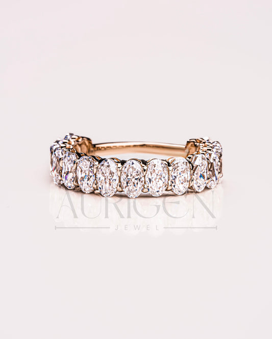 14K Solid Gold Crushed Ice Oval Moissanite & Leb Diamond Eternity Band
