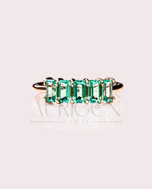 Moissanite and Leb Created 5-Emerald Cut Band in 18K Rose Gold