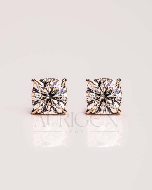 Sparkling Cushion Cut Stud Earrings – 14K Yellow Gold Lab Grown and Moissanite Diamond