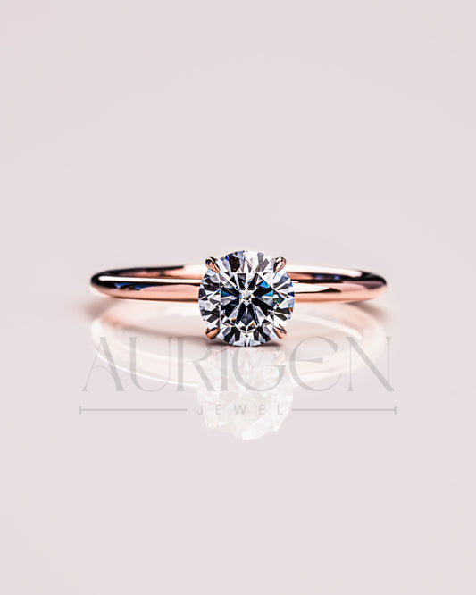 Round Cut Moissanite and Leb Grown Engagement Ring Hidden Halo with 4 Prongs in 14k Rose Gold