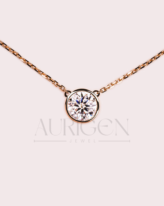 Timeless 14K Rose Gold Round Cut Bezel Necklace-Lab Grown and Moissanite Diamond