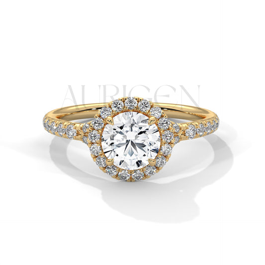 1 Ct Round Halo Diamond Engagement Ring in 14K Solid Gold with Pave Band