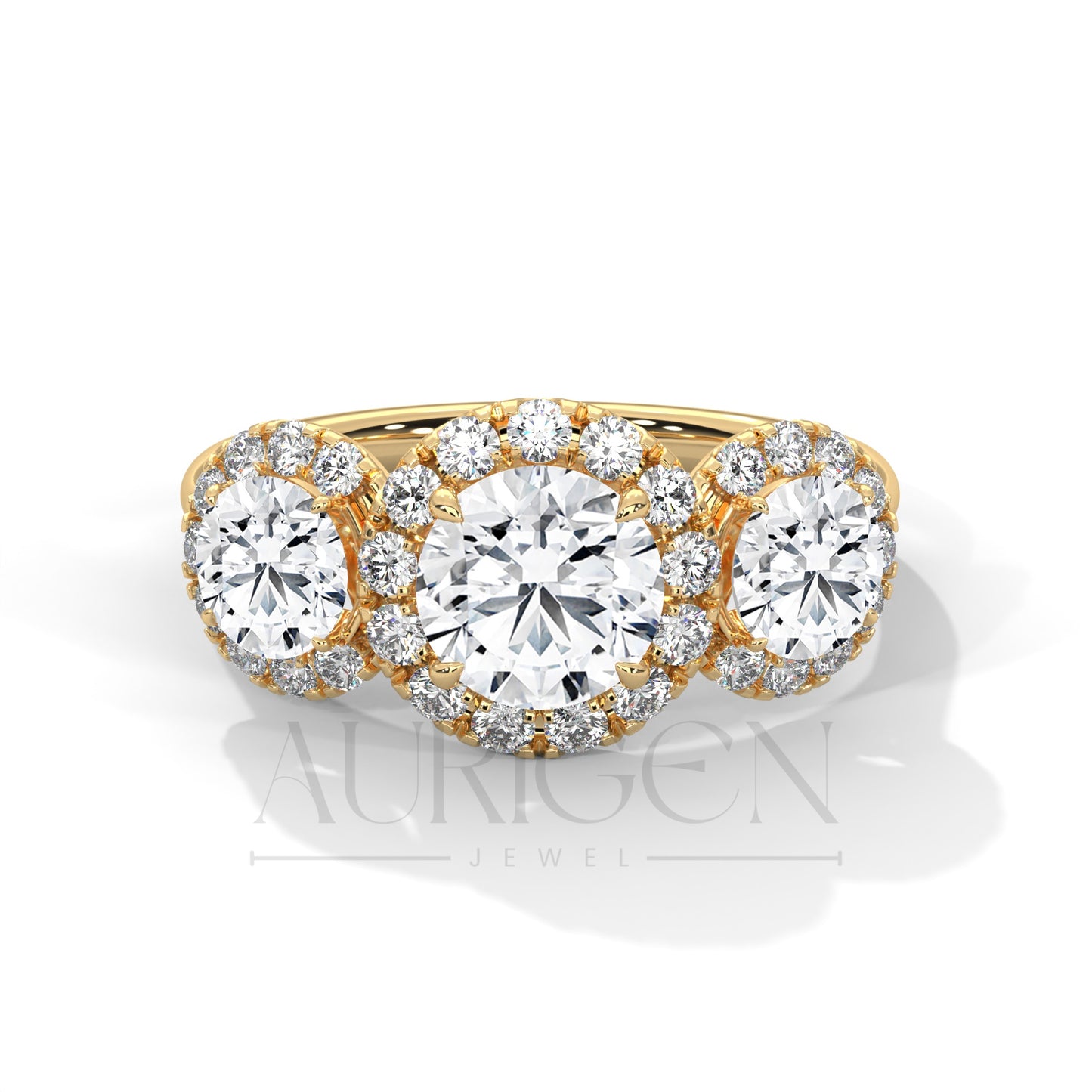 Three Stone Round Halo Diamond Engagement Ring in 14K Solid Gold