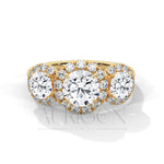 Three Stone Round Halo Diamond Engagement Ring in 14K Solid Gold