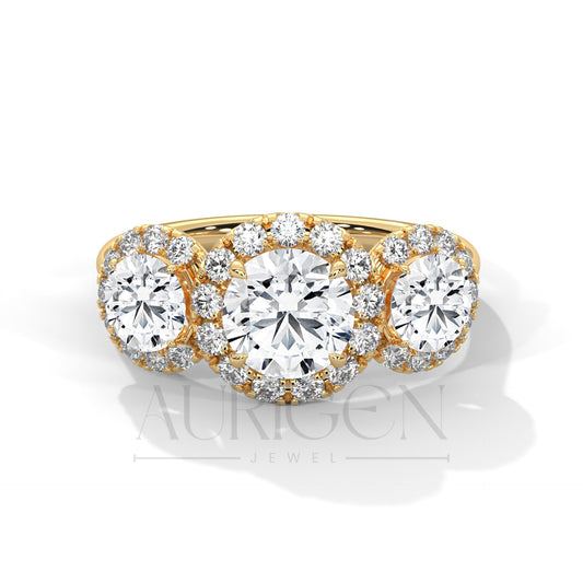 Three Stone Round Halo Diamond Engagement Ring in 14K Solid Gold