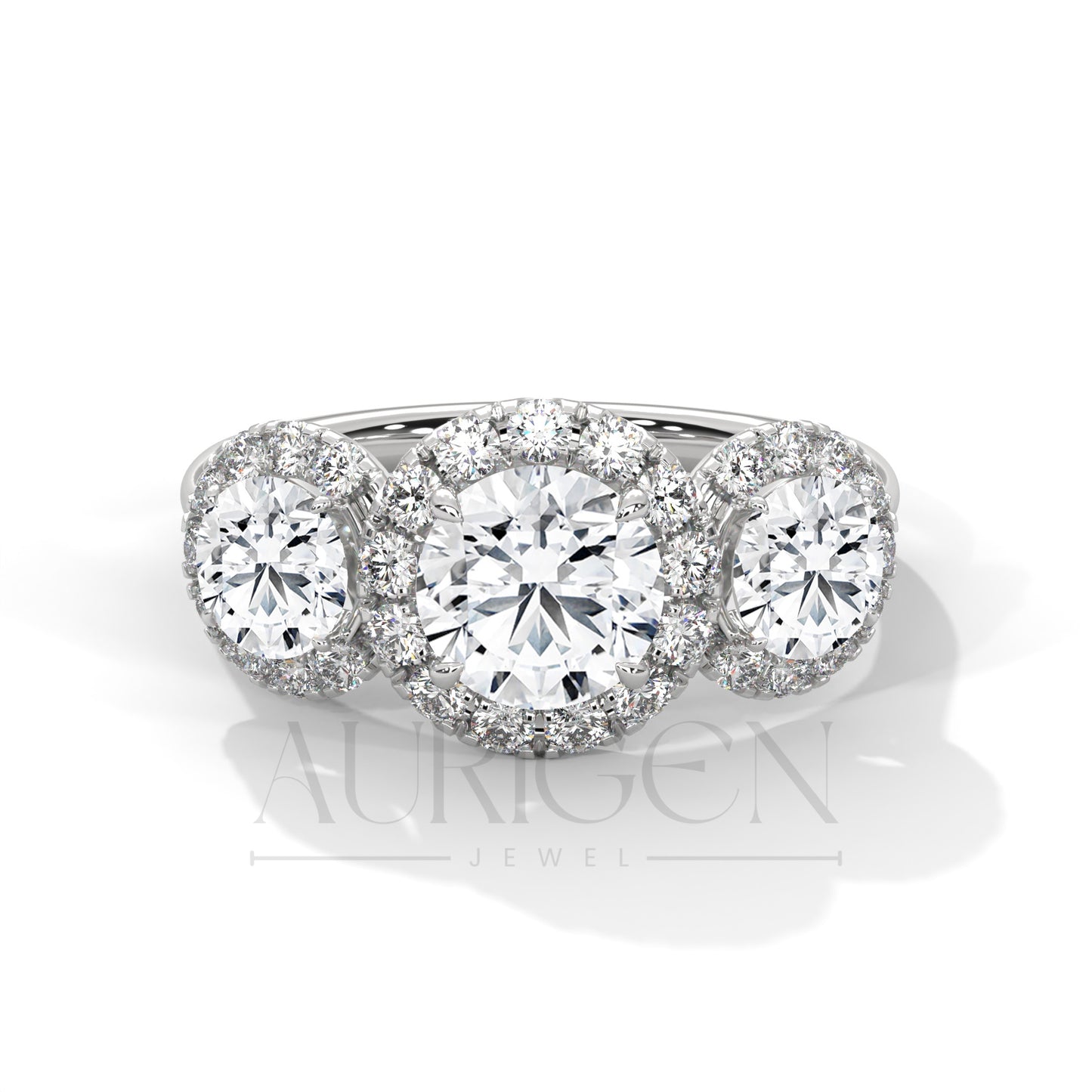 Three Stone Round Halo Diamond Engagement Ring in 14K Solid Gold