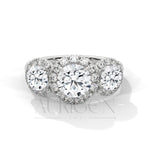 Three Stone Round Halo Diamond Engagement Ring in 14K Solid Gold