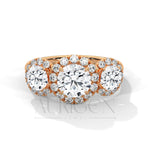 Three Stone Round Halo Diamond Engagement Ring in 14K Solid Gold
