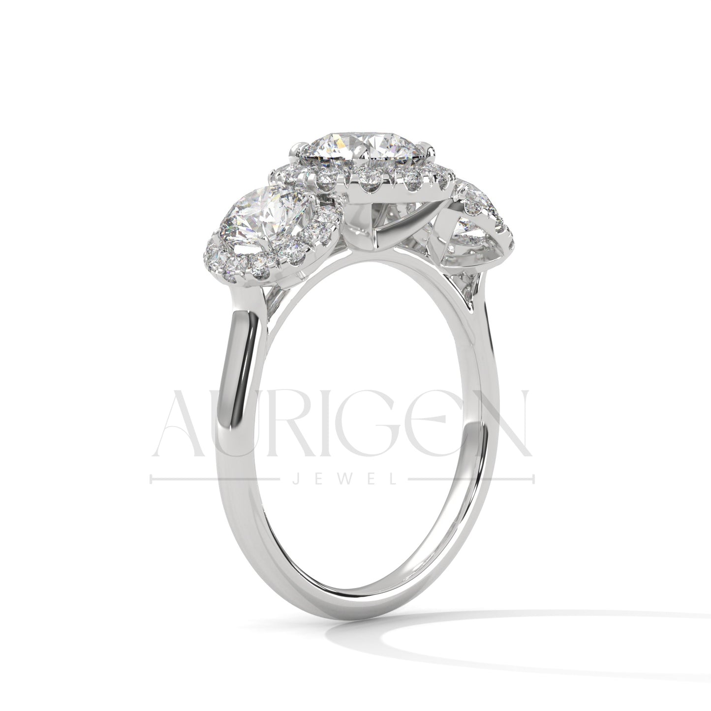 Three Stone Round Halo Diamond Engagement Ring in 14K Solid Gold